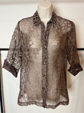 Vintage Sheer Brown Animal Print Button-Front Blouse Relaxed Small Eclectic Boho